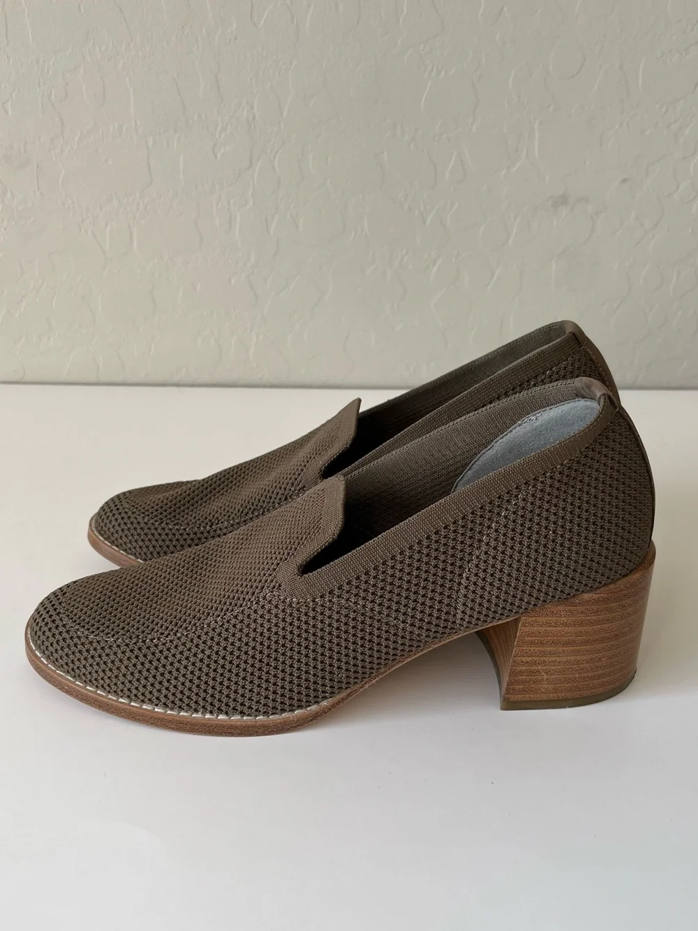 Eileen Fisher Dern Stretch Knit Block Heel Loafers Olive Grey Size 7.5